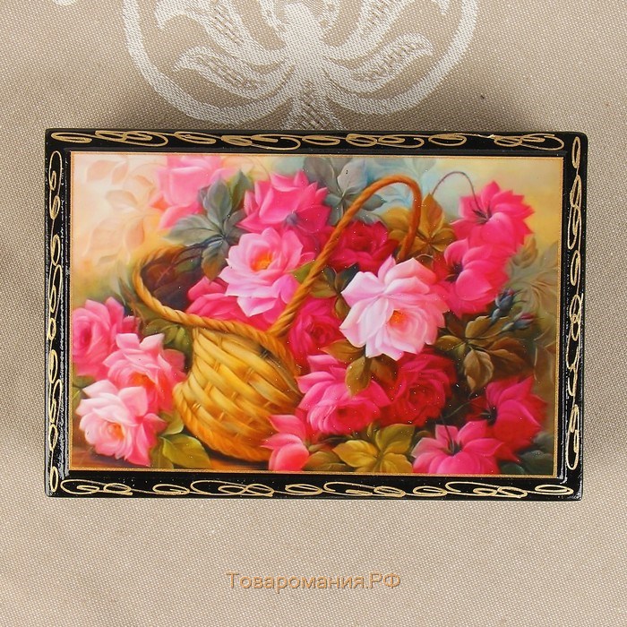 Шкатулка «Розовые цветы в корзинке», 11×16 см, лаковая миниатюра
