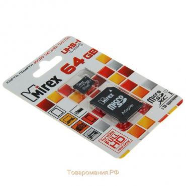 Карта памяти Mirex microSD, 64 Гб, SDXC, UHS-I, класс 10, с адаптером SD